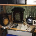 A Shelf of collectable odds to include Contemporary mantel clock, Art Deco tea kettle, Various old