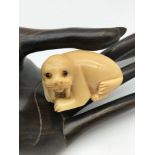 A Japanese carved tagua nut netsuke of a Walrus. Signed by the artist. Detailed with black bead