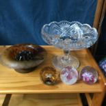 An Art Deco clouded glass centre piece bowl, Crystal cut tazza bowl and three Caithness
