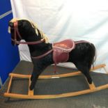 Antique Black mohair and straw filled rocking horse, Designed with original horse hair tail, red