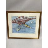 Original watercolour of two military helicopters passing the Forth Rail Bridge. Signed by the