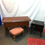 A Vintage Mahogany double piano stool with lift up top, Small foot stool and Vintage painted