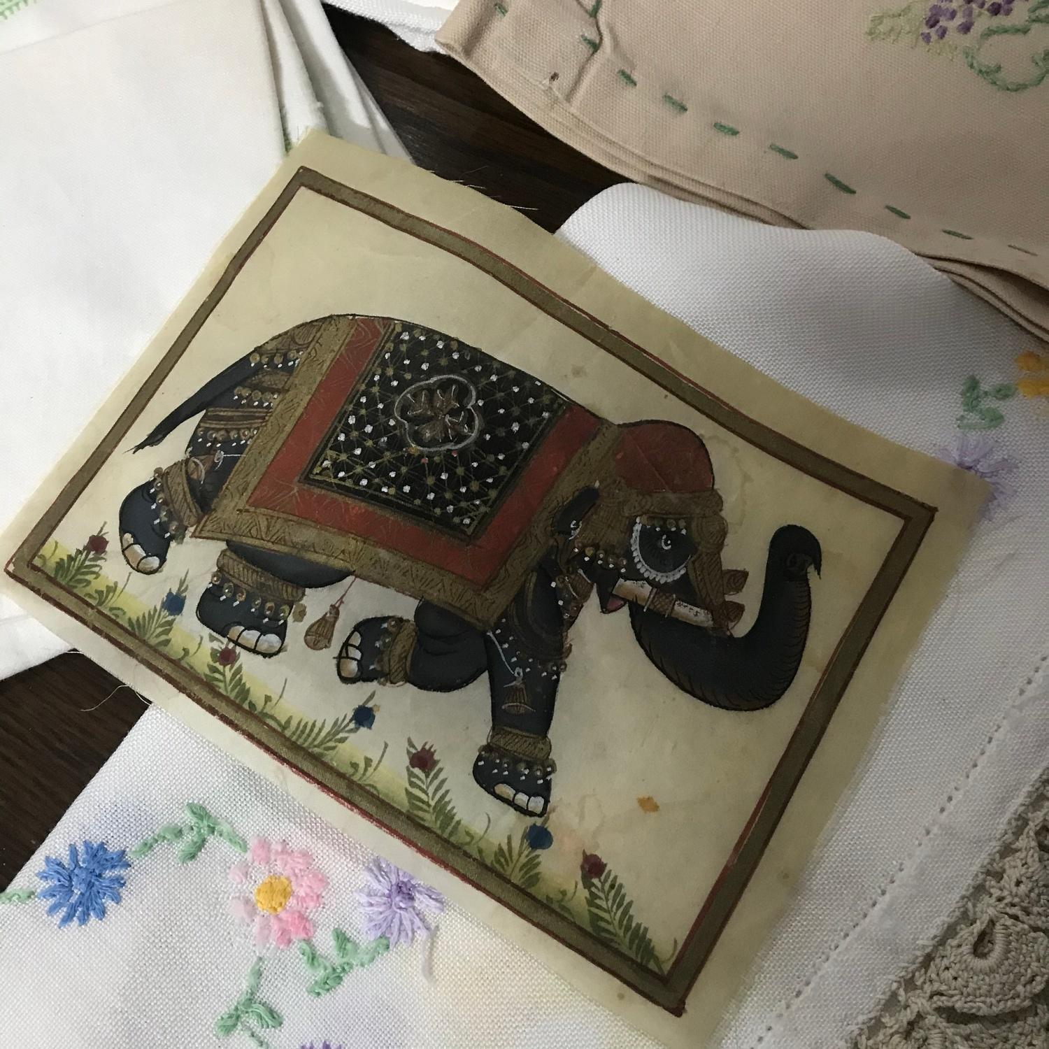 A Collection of vintage tapestry table covers, mats and doilies. Also includes hand painted elephant - Image 5 of 5