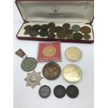 A Collection of various coins and medals to include 1919 Commemorative Peace medal, 80 Years service