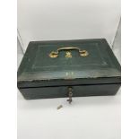 Antique green leather dispatch carry box. Comes with key, book and note detailing whom the case