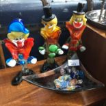 A Lot of three vintage Murano glass clown figures, Art Glass Bowl and Various Art Glass sweets.