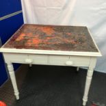 A Victorian two drawer desk, designed on turned leg and cast feet supports. Needs attention.