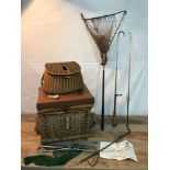 A Collection of Antique fishing equipment to include Wicker creel with attached Hardy Bros 'The