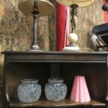 Two antique table lamps, one in the shape of a Corinthian column. Art Deco pink glass shade and