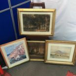 A Lot of four various antique and vintage prints and watercolours. Watercolour depicts a mountain