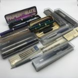 A Collection of boxed Parker pens and various others. Includes Two 14ct gold nib pens.