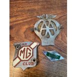 Three vintage car badges which includes AA, MG Car Club & Eastern Scottish badge.