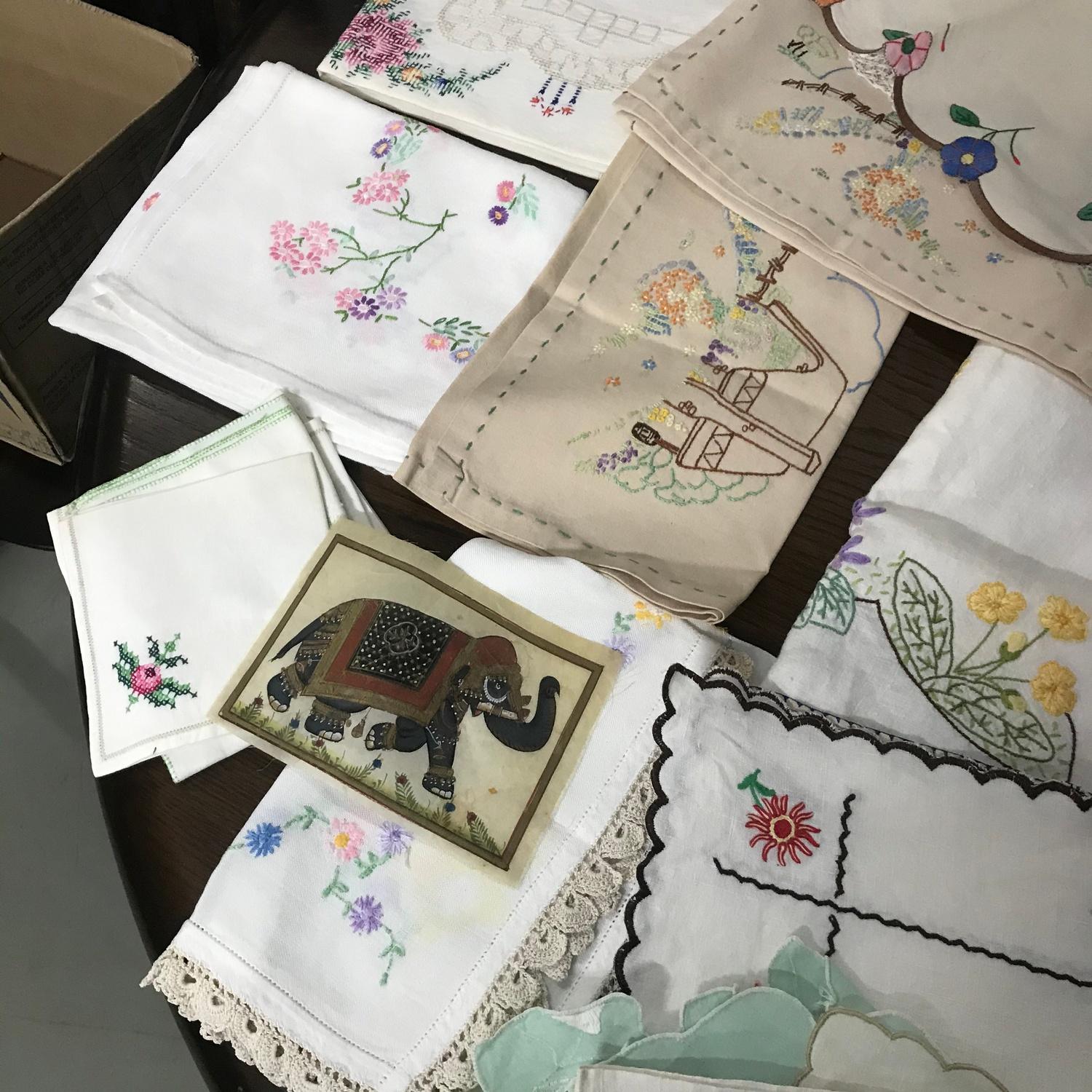 A Collection of vintage tapestry table covers, mats and doilies. Also includes hand painted elephant - Image 4 of 5