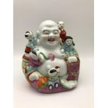 A 20th century porcelain Chinese laughing Buddha Figure. Designed with 5 children climbing over