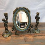 A Victorian French gilt bronze and enamel cloisonne dressing table mirror with matching candle