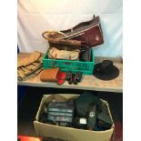 Two boxes filled with fishing equipment and sports gear to include vintage tennis racket and bag,