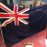 Antique hand stitched British Naval large blue ensign ships flag. [190x357cm]