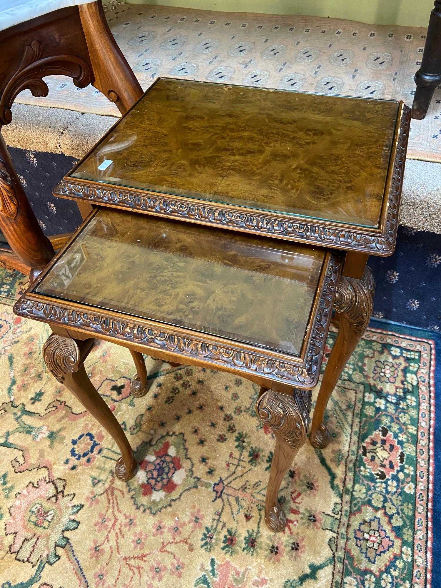 A Set of reproduction burr walnut [2] nest of tables fitted with bevel glass insert tops. - Image 2 of 3