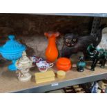 A Shelf of collectables odds which includes antique porcelain [possibly meissen] cherub preserve