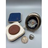 Meissen terracotta plaque with box, 1936 German coin, Silver coin ring and a Wren painted on a white