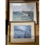A Detailed fishing trawler boat scene watercolour together with a painting of Bass Rock.