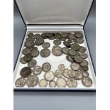 A Collection of pre 1947 silver coins which include Six Pences, Three pences, One Shillings, One