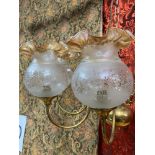 Antique 8 branch brass chandelier and shades.
