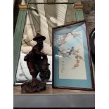 A Vintage hand carved Chinese fisherman figure together with a Japanese raised relief birds