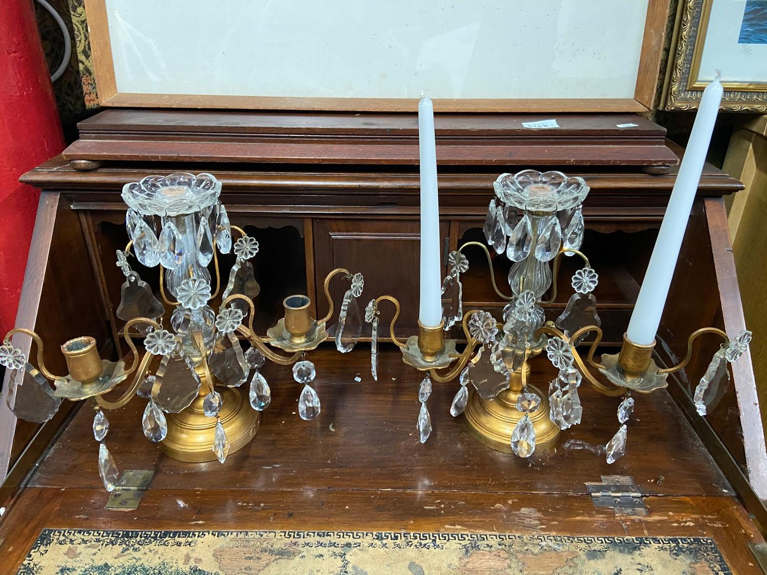 A Pair of Regency cast metal and crystal crop let candle stick holders - Image 3 of 4