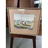 Vintage watercolour etching of harbour and lighthouse. By M Johnstone