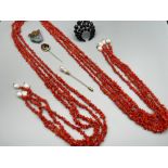 A Lot of vintage jewellery which includes Large red coral and pearl dress piece [115cm length] Black