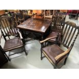 Antique oak barley twist leg dining table with pull out leafs. Together with 4 matching barley twist