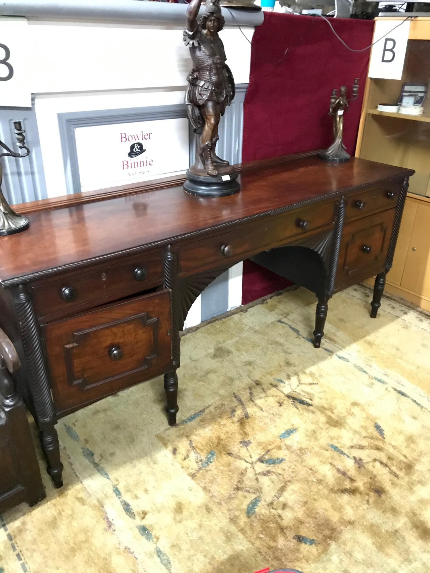 A Large Antique Irish Cork Georgian Mahogany Sideboard, Has Plate rail to the back of the top panel,