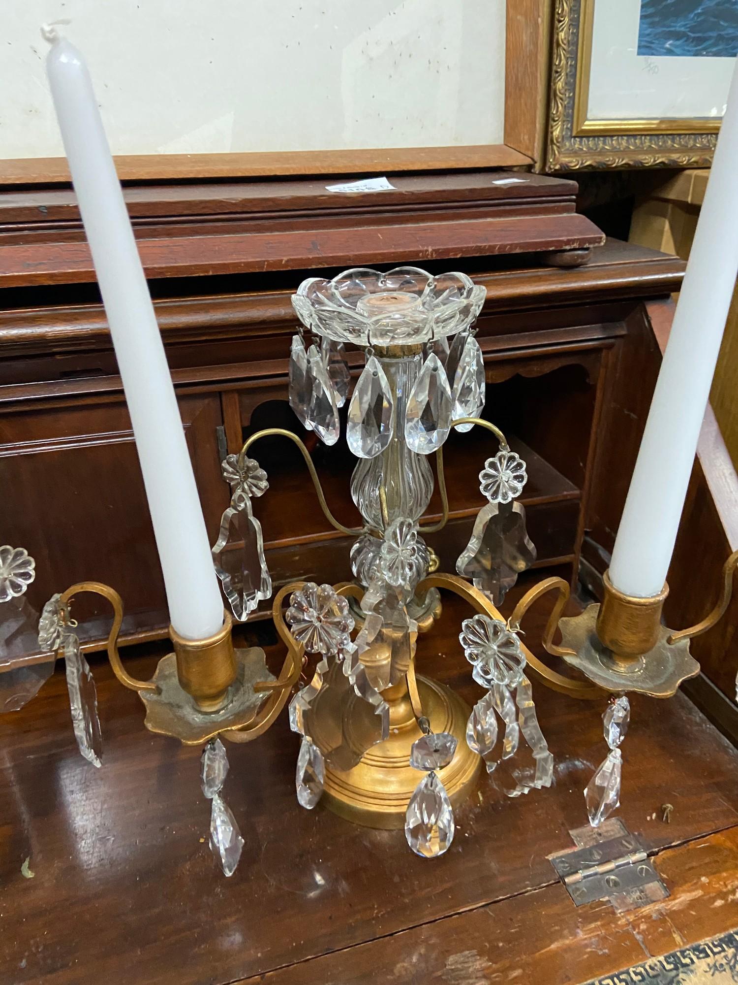 A Pair of Regency cast metal and crystal crop let candle stick holders - Image 2 of 4