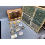 A Collection of gold plated and enamel coins, £20 gold plated framed bank note and four various
