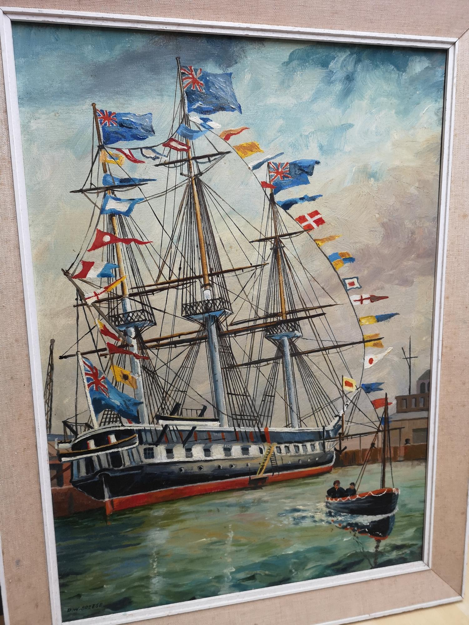 An oil painting on board depicting a decorated boat scene, Signed D.W.Breese. [Frame measures