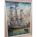 An oil painting on board depicting a decorated boat scene, Signed D.W.Breese. [Frame measures