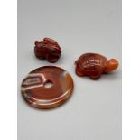A Lot of three Chinese/ Japanese hand carved agate/ hard stone carvings/ sculptures. One is of a