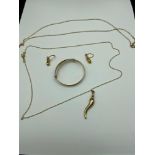 A 9ct gold baby bangle, 9ct gold horn pendant with 9ct gold chain, 9ct gold chain and a pair of