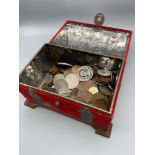 A Vintage sweet tin chest containing a quantity of mixed world coins.