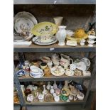 Four shelves of collectable odds which includes Wade pub jug, Royal Albert old country roses bowl,