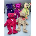 A Lot of 5 Collectable TY beanie baby bears which includes 1999 Signature Bear, Valentina, Peace,