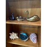 A lot of three vintage shells which includes Paua shell. Together with various brass bird figures