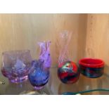 A Shelf of collectable art glass and dressing table items. Includes Caithness glass vases,