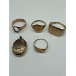 A Lot of three antique 9ct gold signet rings, 9ct gold ring [missing stone] and a gold filled