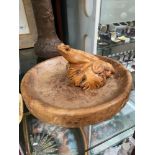 A Hand carved Burr Walnut bowl with a hand carved frog sculpture on top.