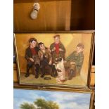 A Vintage oil painting on board depicting four young boys and a dog . [Frame measures 33x43cm]