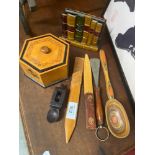 A Lot of collectable treen ware which includes porridge spoon, Two leather handle letter openers,