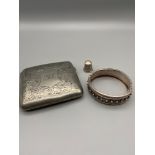 Antique Indian silver bangle, Birmingham silver thimble and Plated cigarette case.