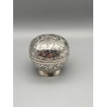 Antique Indian silver lidded preserve pot. Ornately engraved with flowers and foliage. [5.5cm